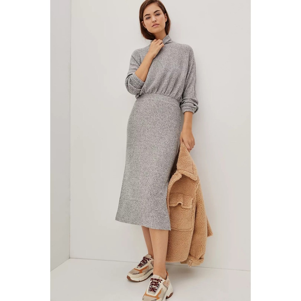 Anthropologie Gray Mariah Ribbed Knit Long Sleeve Turtleneck Midi Dress‎ Size S